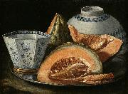 Cristoforo Munari A Still-Life with Melon, an octagonal blue and white cup on a Silver Charger France oil painting artist